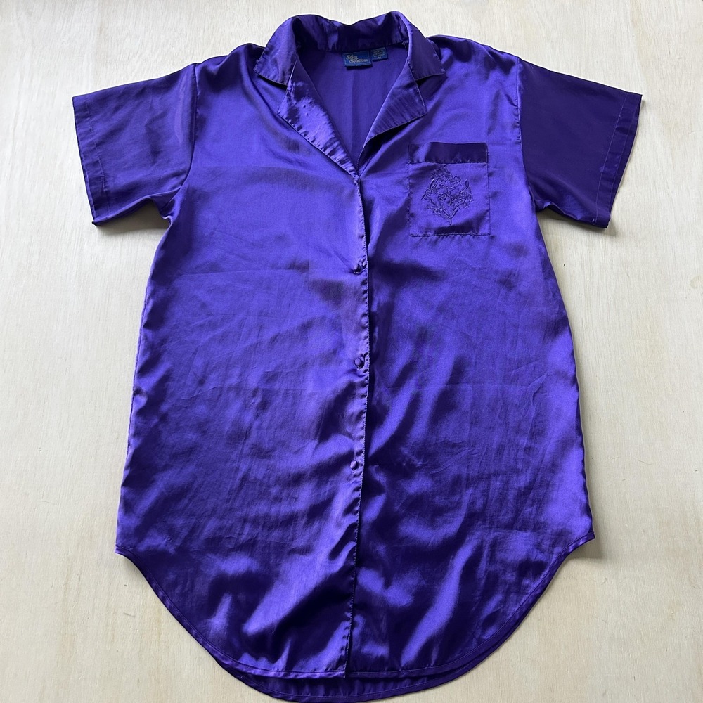 Vintage Sleep Solutions Sleepshirt Womens Medium Purple Satin Button Front